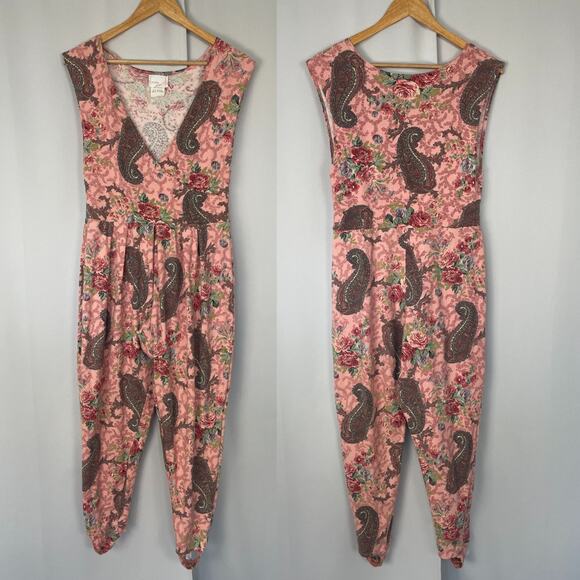 Vintage Jumpsuit Size Medium Large Pink Paisley Lounge Stretch Comfort Retro 90s - Picture 13 of 13